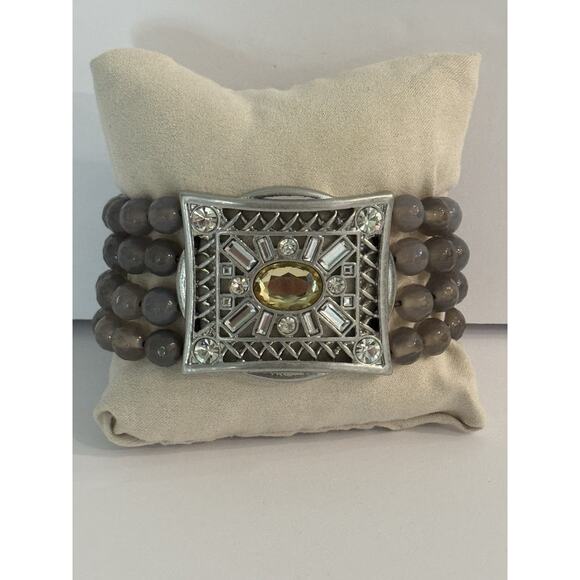 Lia Sophia Secret Window Kiam Collection Bracelet Grey Agate Stretch Beads - Picture 1 of 10